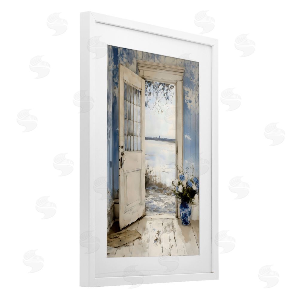 LSR Design Studio Blue Country Cottage Doorway White Framed Print Under Glass with Matting Wall Art