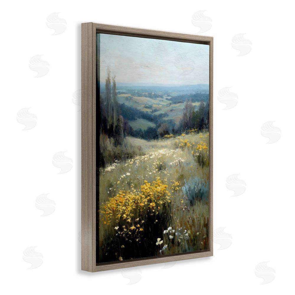 Petal Prints Design Sporadic Meadow Flowers Brown Floating Framed Canvas Wall Art Print