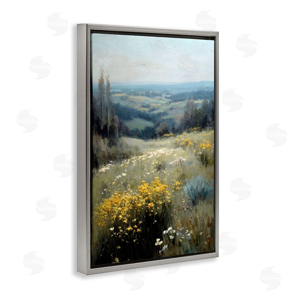 Petal Prints Design Sporadic Meadow Flowers Gray Floating Framed Canvas Wall Art Print