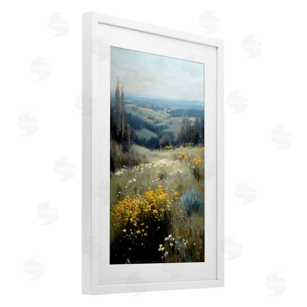 Petal Prints Design Sporadic Meadow Flowers White Framed Print Under Glass with White Mat Wall Art