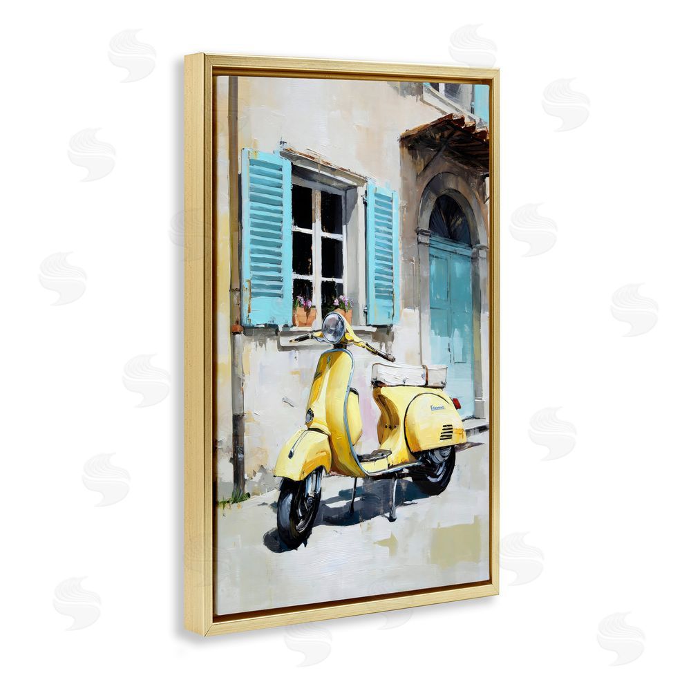 Petal Prints Design Sunny Day Scooter Ride Gold Floating Framed Canvas Wall Art Print