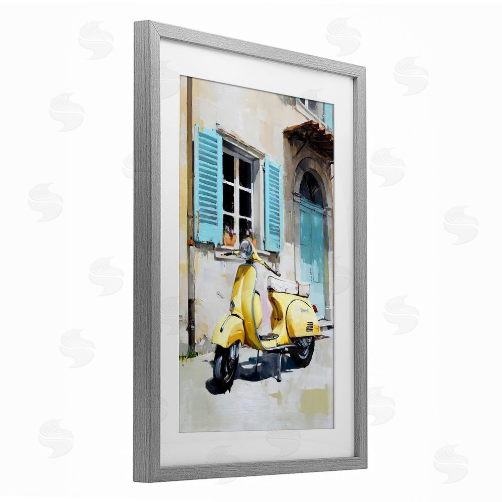 Petal Prints Design Sunny Day Scooter Ride Gray Framed Print Under Glass with White Mat Wall Art