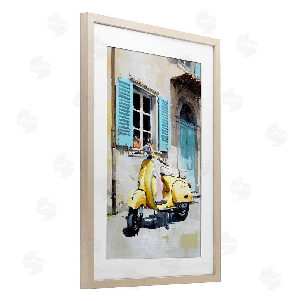 Petal Prints Design Sunny Day Scooter Ride Brown Framed Print Under Glass with White Mat Wall Art