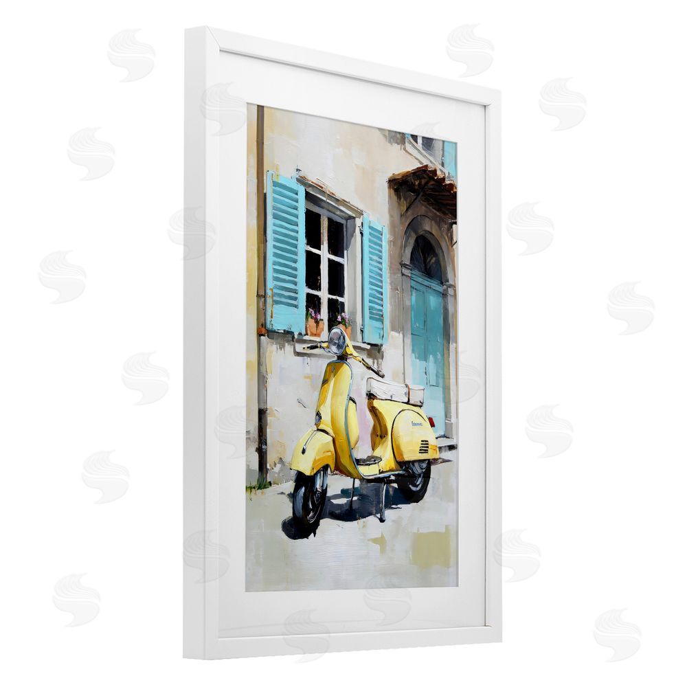 Petal Prints Design Sunny Day Scooter Ride White Framed Print Under Glass with White Mat Wall Art