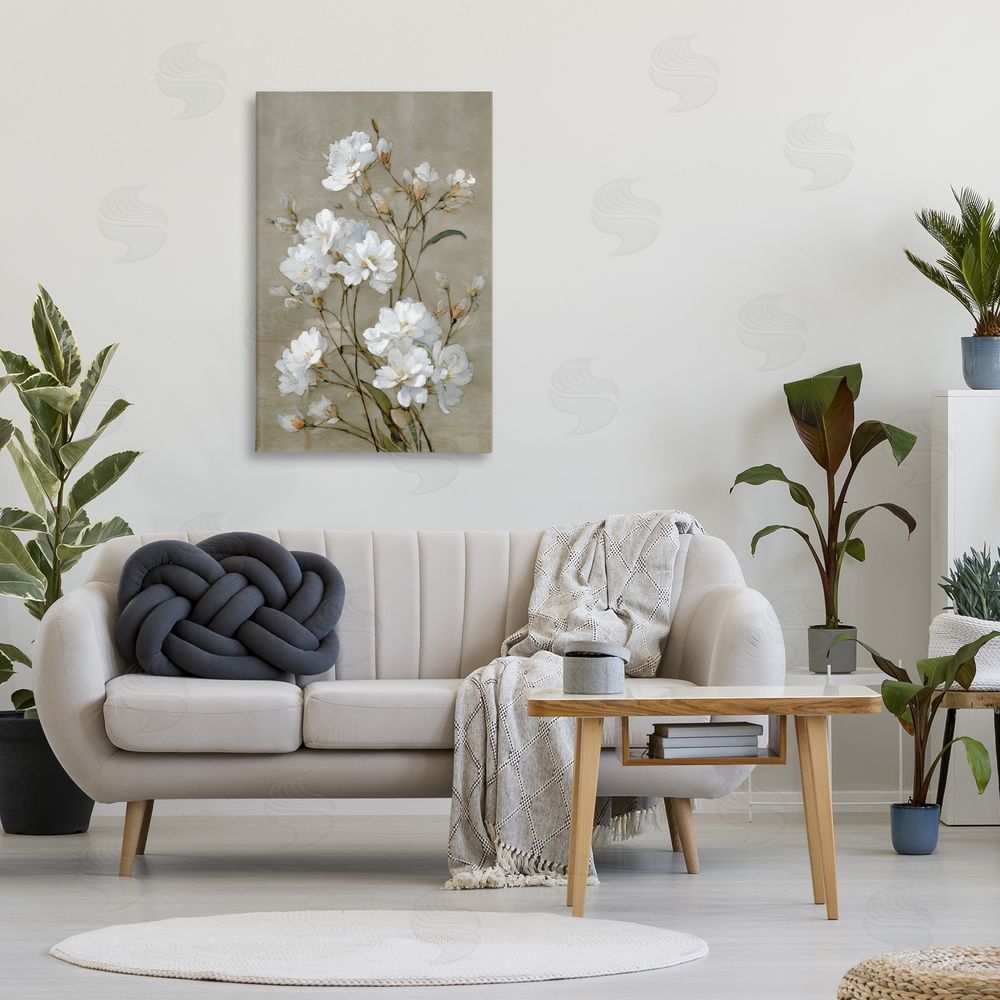 Petal Prints Design Aged White Botanical Study Stretched Canvas Wall Art Print in Room