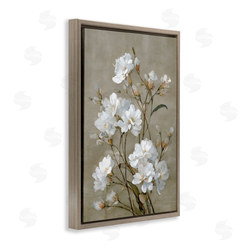 Petal Prints Design Aged White Botanical Study Brown Floating Frame Stretched Canvas Wall Art Print