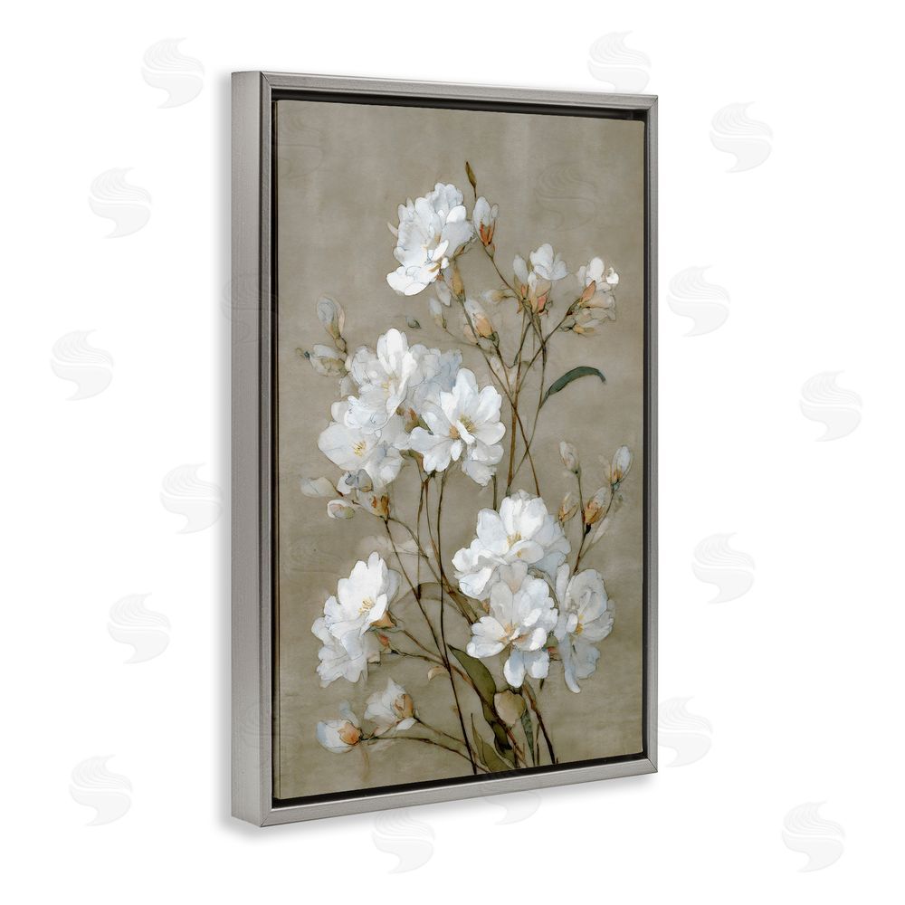 Petal Prints Design Aged White Botanical Study Gray Floating Frame Stretched Canvas Wall Art Print