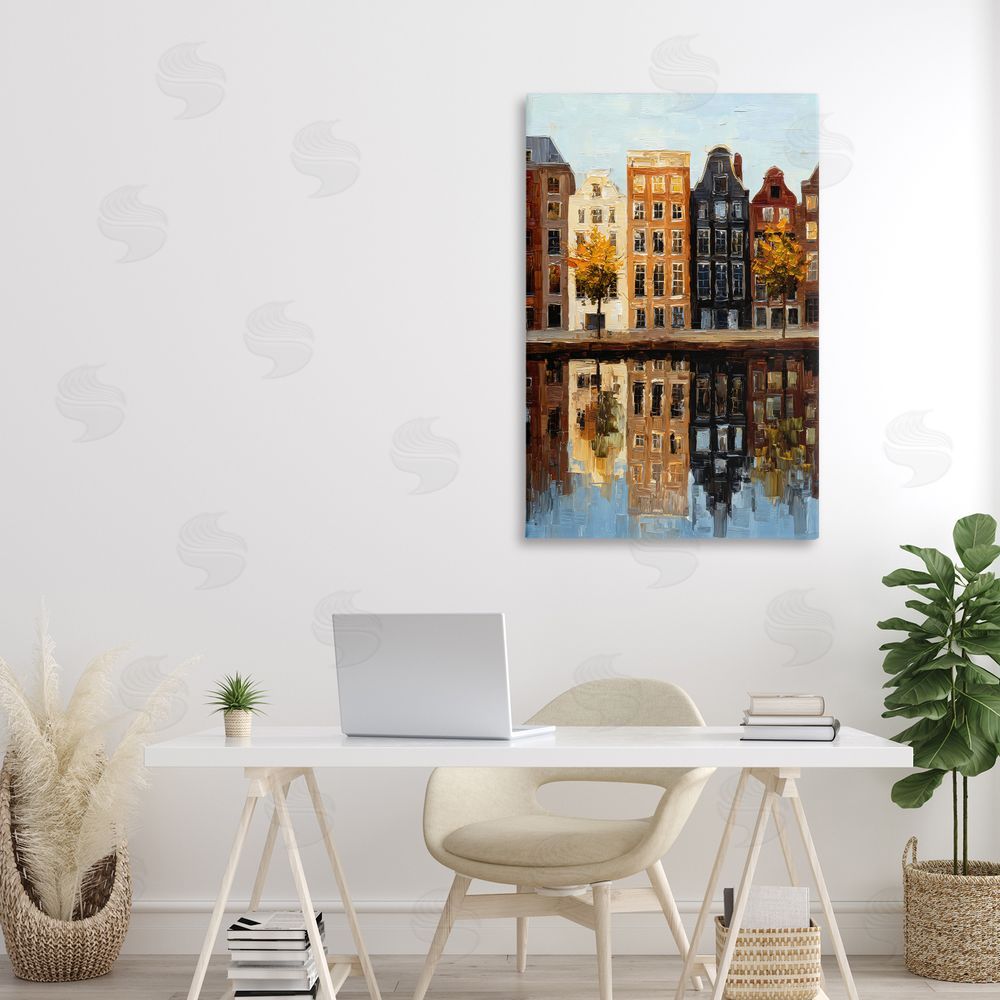 Petal Prints Design City Reflection over Canal Stretched Canvas Wall Art in Room