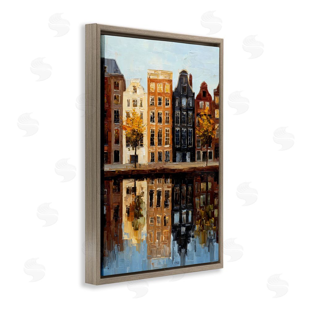 Petal Prints Design City Reflection over Canal Brown Floating Frame Canvas Wall Art Print