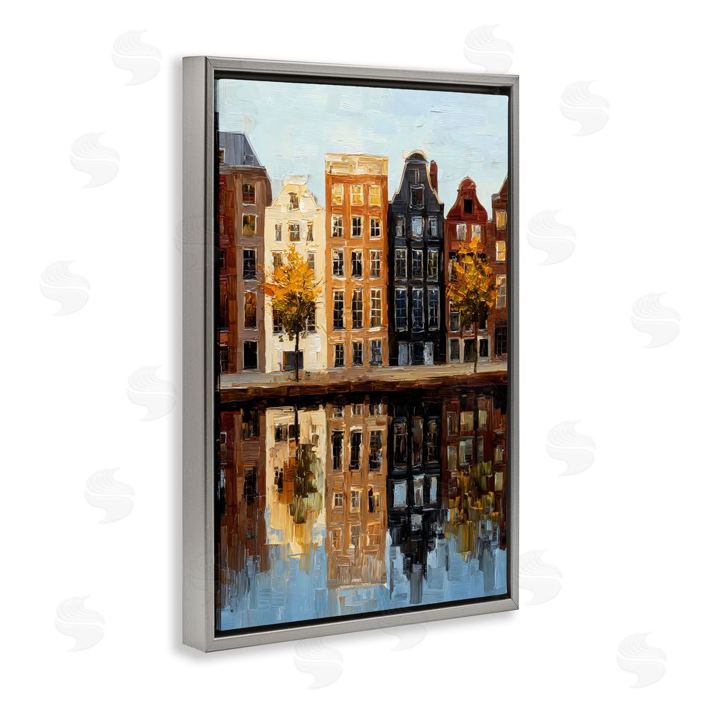 Petal Prints Design City Reflection over Canal Gray Floating Frame Canvas Wall Art Print