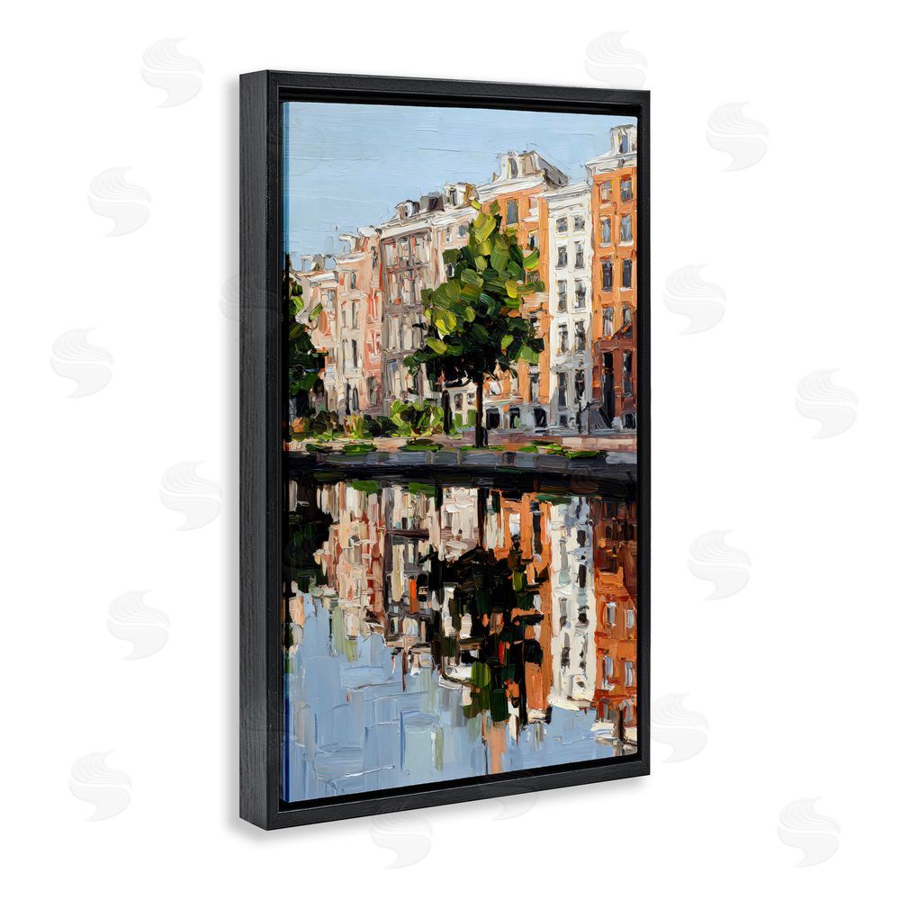 Petal Prints Design Waterside Apartments on Canal Black Floating Framed Canvas Wall Art Print