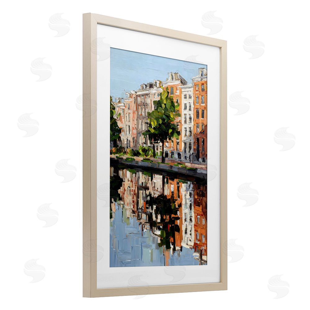 Petal Prints Design Waterside Apartments on Canal Brown Framed Print Under Glass with White Mat Wall Art