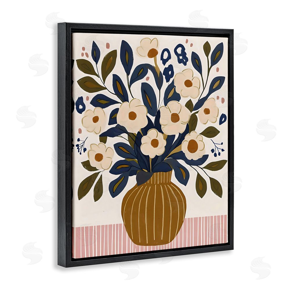 Creative Studio Boho Floral Vase with Stripes Black Floating Frame Stretched Canvas Wall Art Print