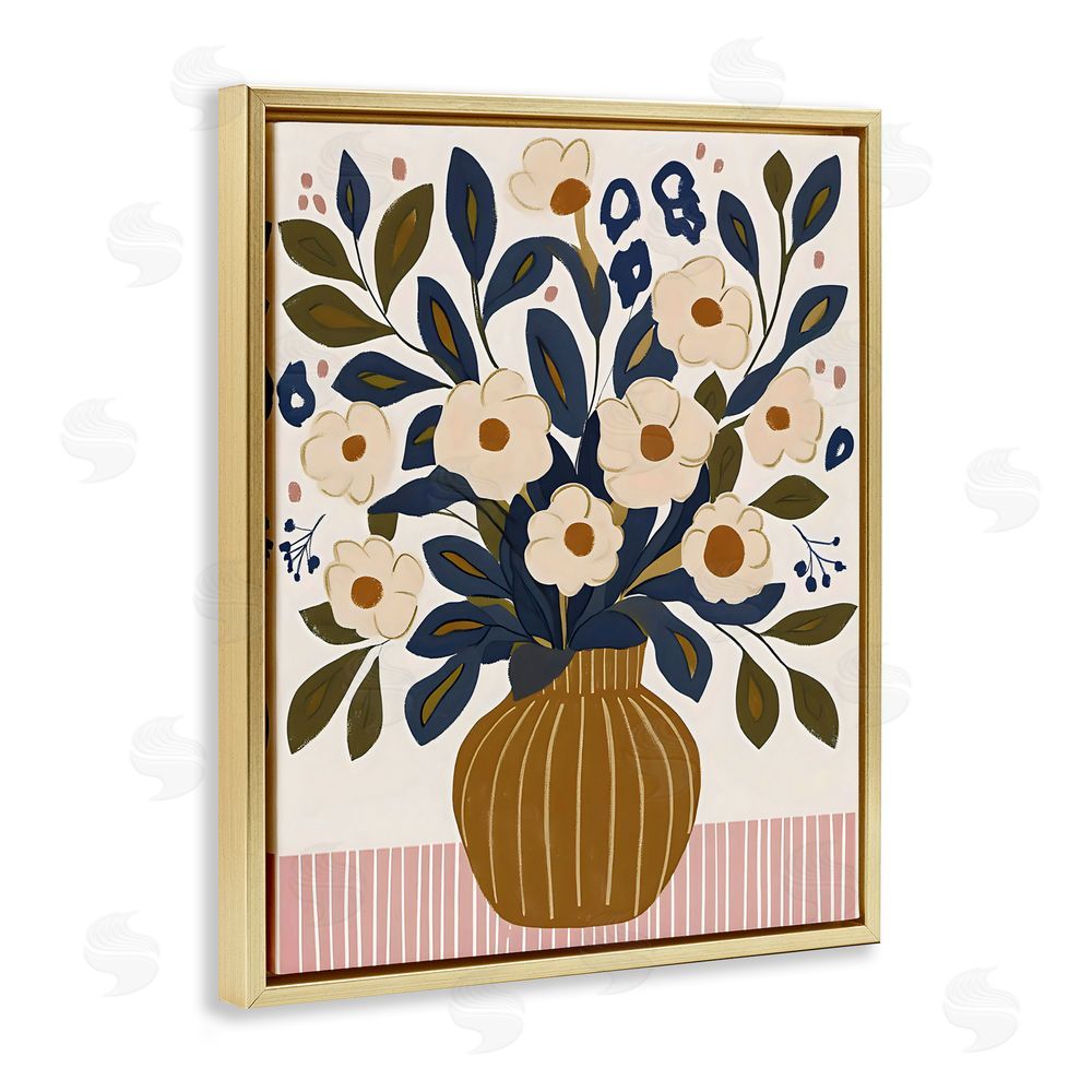 Creative Studio Boho Floral Vase with Stripes Gold Floating Frame Stretched Canvas Wall Art Print