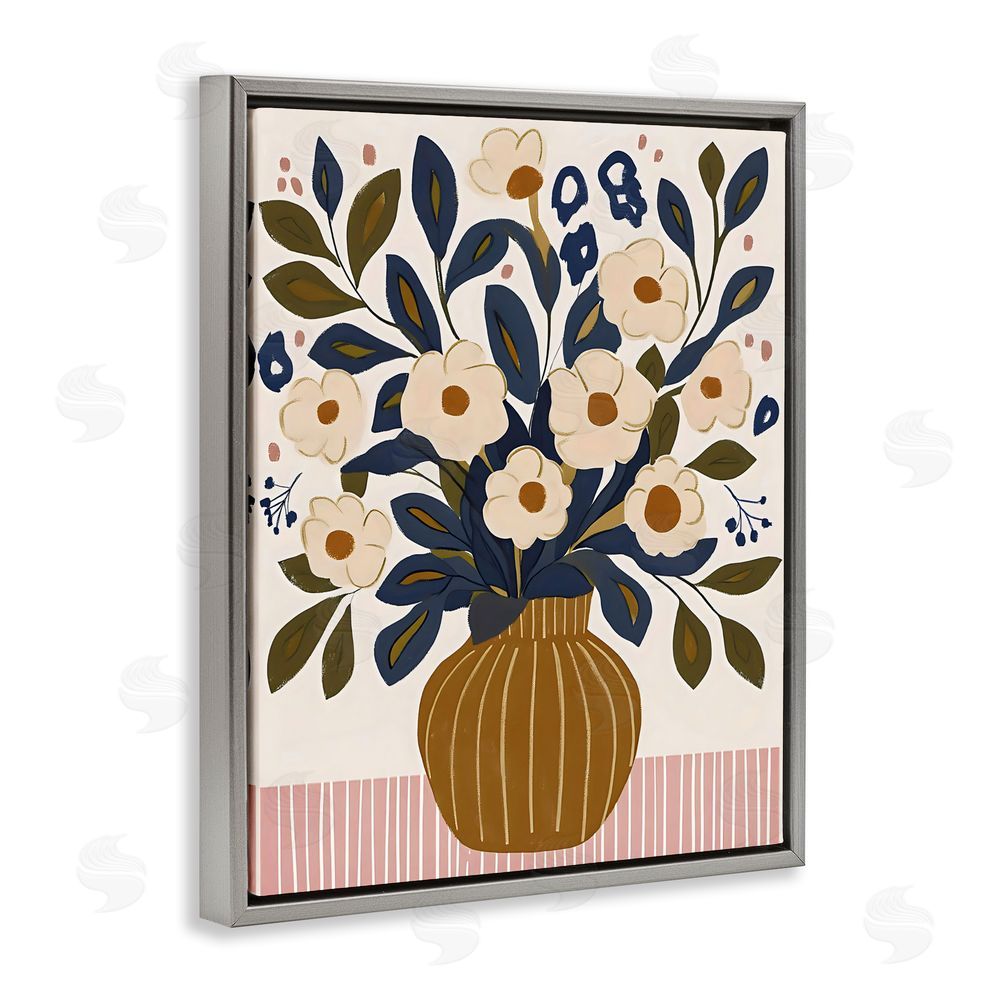 Creative Studio Boho Floral Vase with Stripes Gray Floating Frame Stretched Canvas Wall Art Print