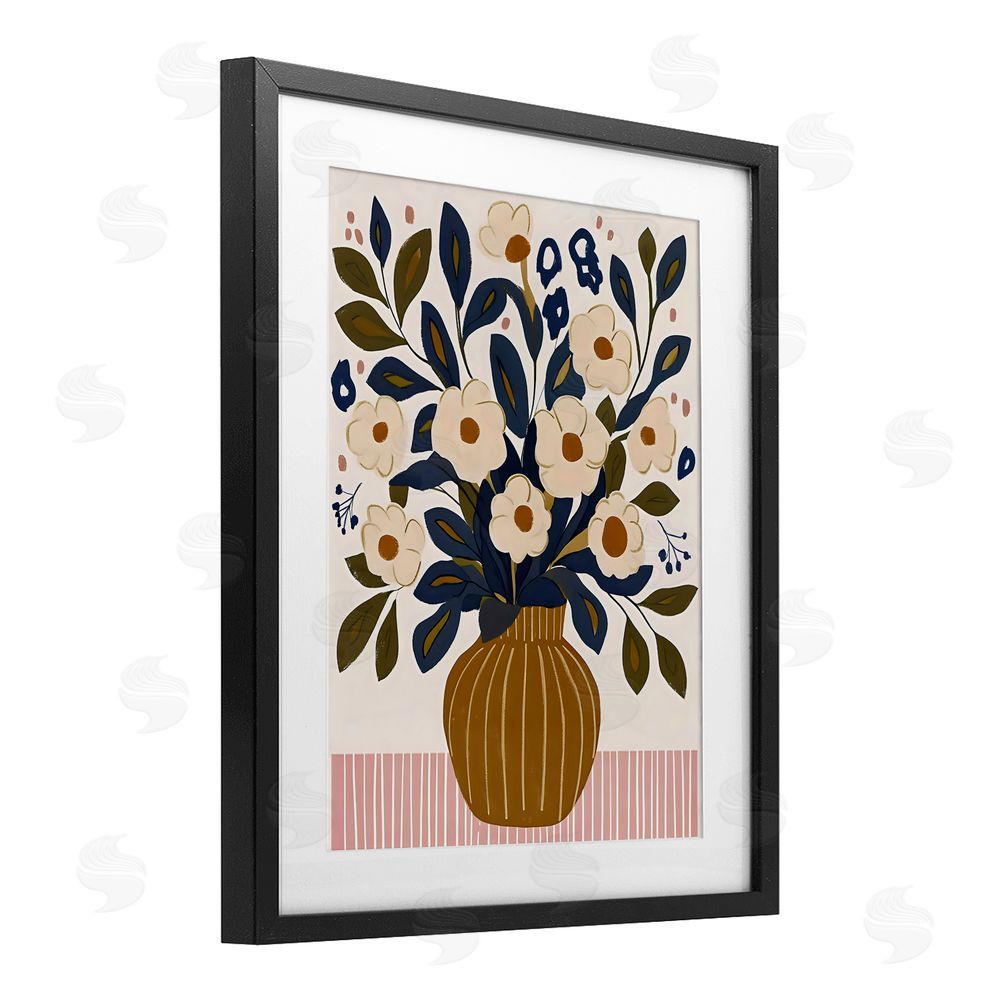 Creative Studio Boho Floral Vase with Stripes Black Framed Print Under Glass with Matting Wall Art