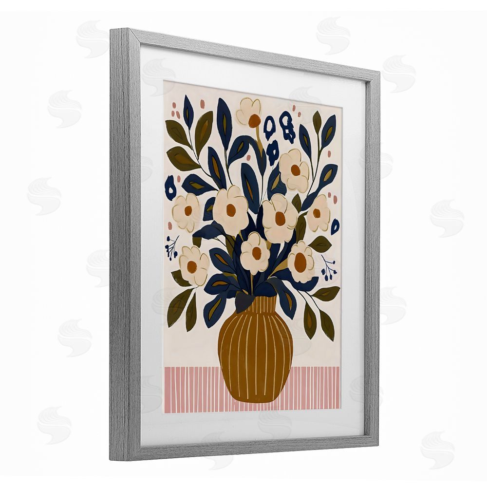 Creative Studio Boho Floral Vase with Stripes Gray Framed Print Under Glass with Matting Wall Art