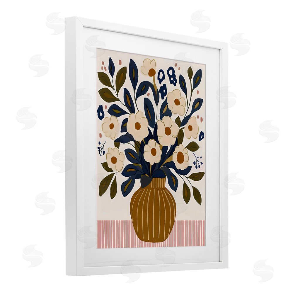 Creative Studio Boho Floral Vase with Stripes White Framed Print Under Glass with Matting Wall Art