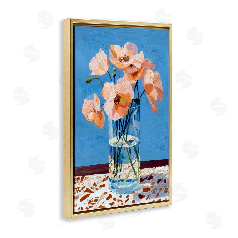 Petal Prints Design Bright And Pink Poppies Gold Floating Frame Stretched Canvas Wall Art Print