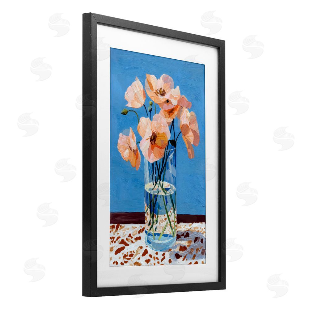 Petal Prints Design Bright And Pink Poppies Black Framed Print Under Glass with Matting Wall Art