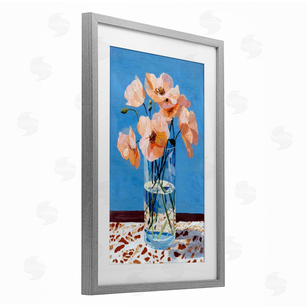 Petal Prints Design Bright And Pink Poppies Gray Framed Print Under Glass with Matting Wall Art