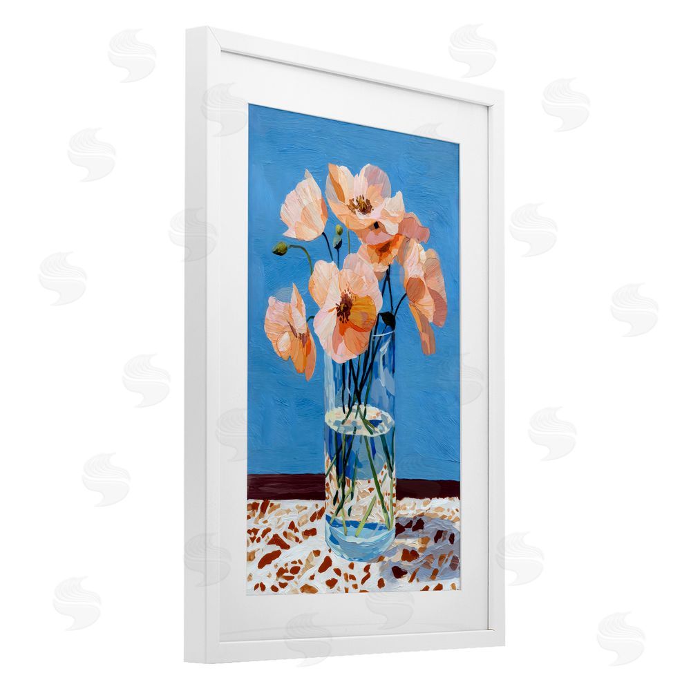 Petal Prints Design Bright And Pink Poppies White Framed Print Under Glass with Matting Wall Art