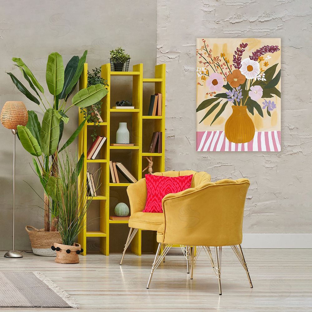 Creative Studio Boho Flowers on Pink Stripes Stretched Canvas Wall Art Print in Room