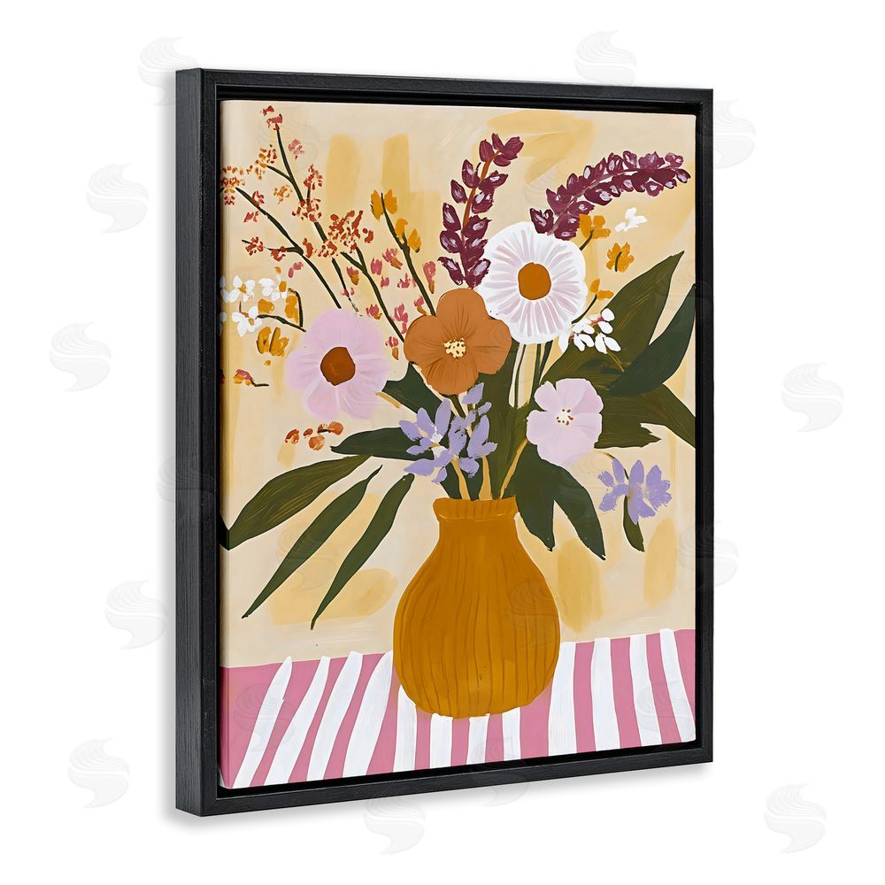 Creative Studio Boho Flowers on Pink Stripes Black Floating Frame Stretched Canvas Wall Art Print