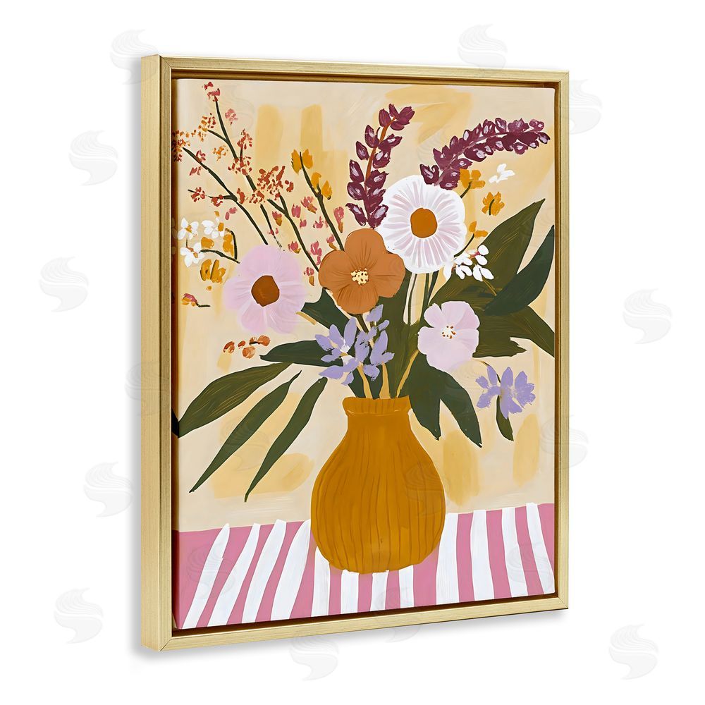 Creative Studio Boho Flowers on Pink Stripes Gold Floating Frame Stretched Canvas Wall Art Print