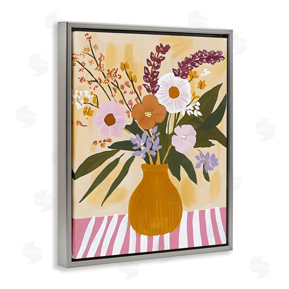 Creative Studio Boho Flowers on Pink Stripes Gray Floating Frame Stretched Canvas Wall Art Print