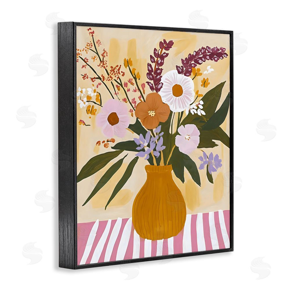 Creative Studio Boho Flowers on Pink Stripes Black Framed Giclee Wall Art Print
