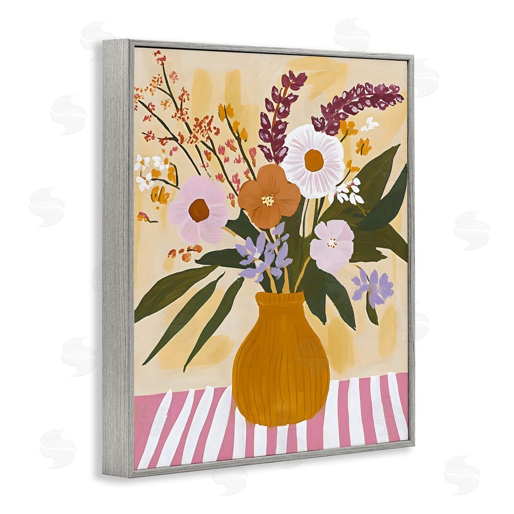 Creative Studio Boho Flowers on Pink Stripes Gray Framed Giclee Wall Art Print
