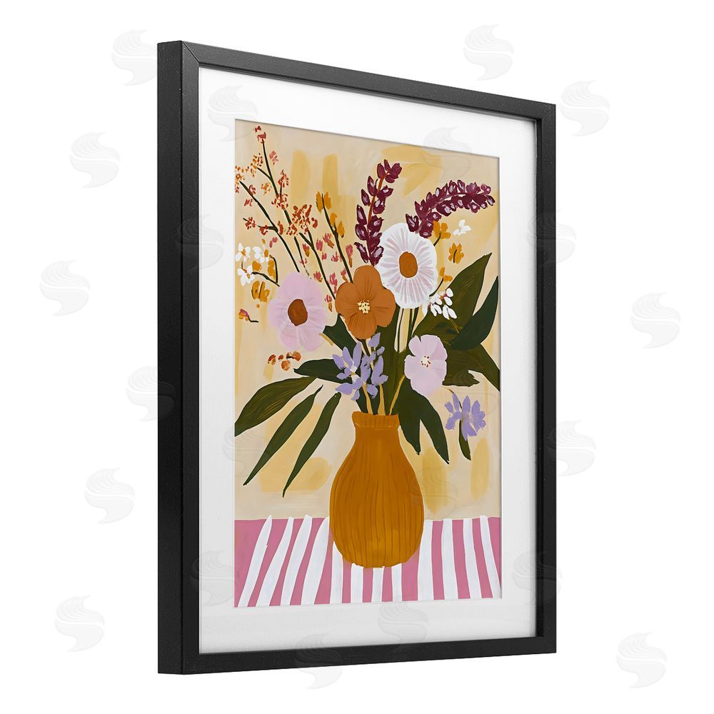 Creative Studio Boho Flowers on Pink Stripes Black Framed Print Under Glass with Matting Wall Art