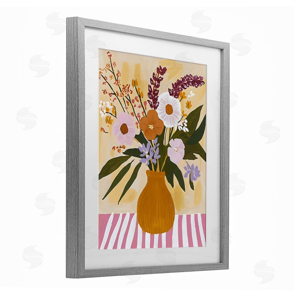 Creative Studio Boho Flowers on Pink Stripes Gray Framed Print Under Glass with Matting Wall Art