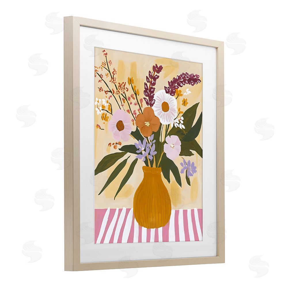 Creative Studio Boho Flowers on Pink Stripes Brown Framed Print Under Glass with Matting Wall Art