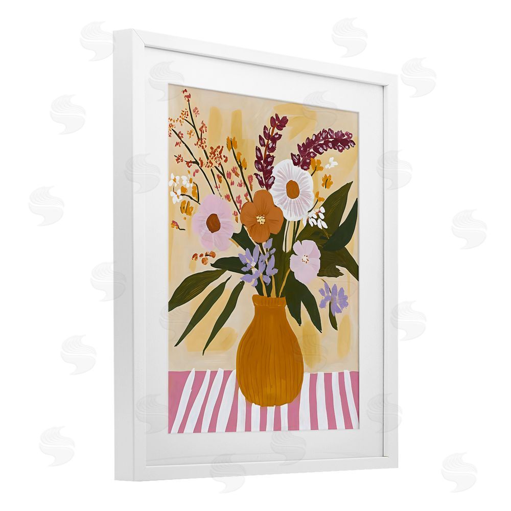 Creative Studio Boho Flowers on Pink Stripes White Framed Print Under Glass with Matting Wall Art