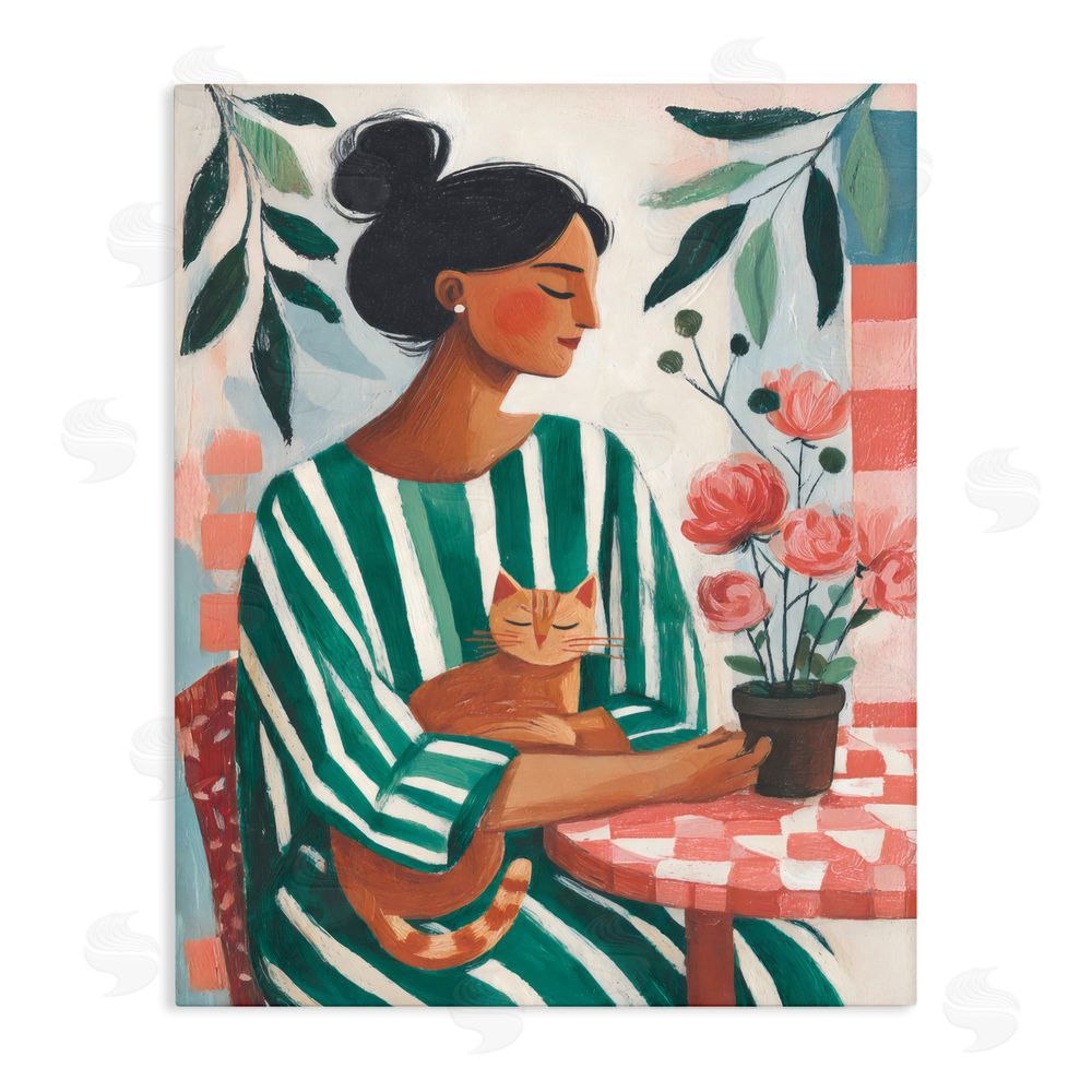 Sisi and Seb Cat Lady in Striped Dress Stretched Canvas Wall Art Print