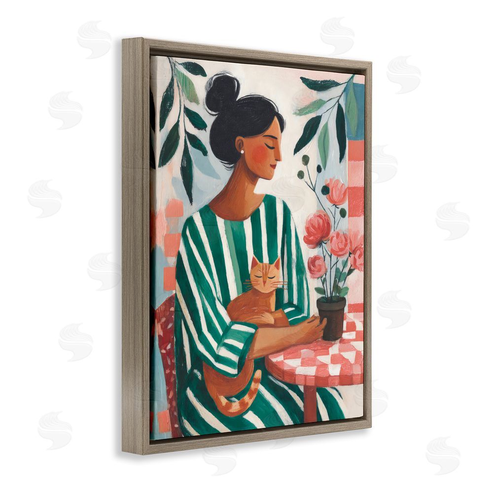 Sisi and Seb Cat Lady in Striped Dress Brown Floating Frame Stretched Canvas Wall Art Print