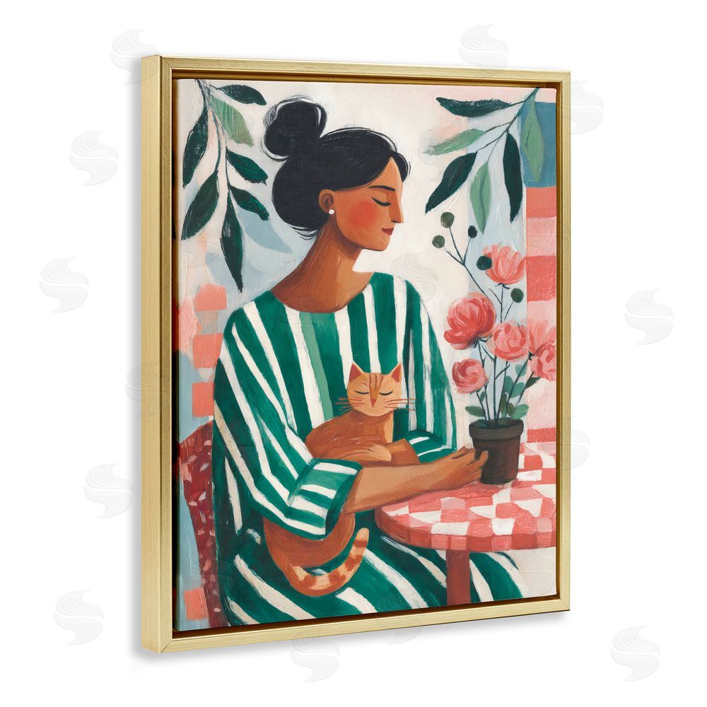 Sisi and Seb Cat Lady in Striped Dress Gold Floating Frame Stretched Canvas Wall Art Print