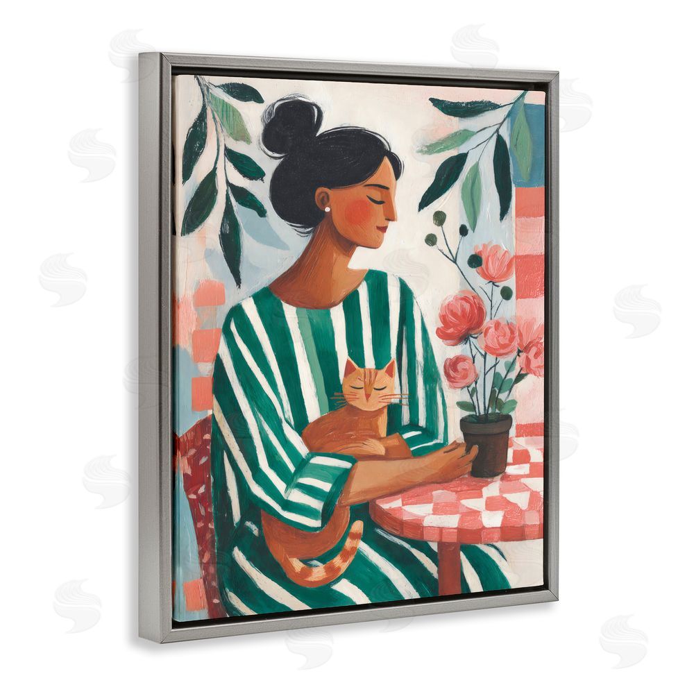 Sisi and Seb Cat Lady in Striped Dress Gray Floating Frame Stretched Canvas Wall Art Print