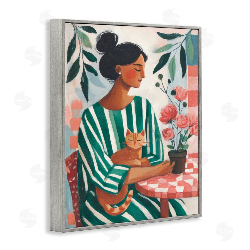 Sisi and Seb Cat Lady in Striped Dress Gray Framed Giclee Wall Art Print