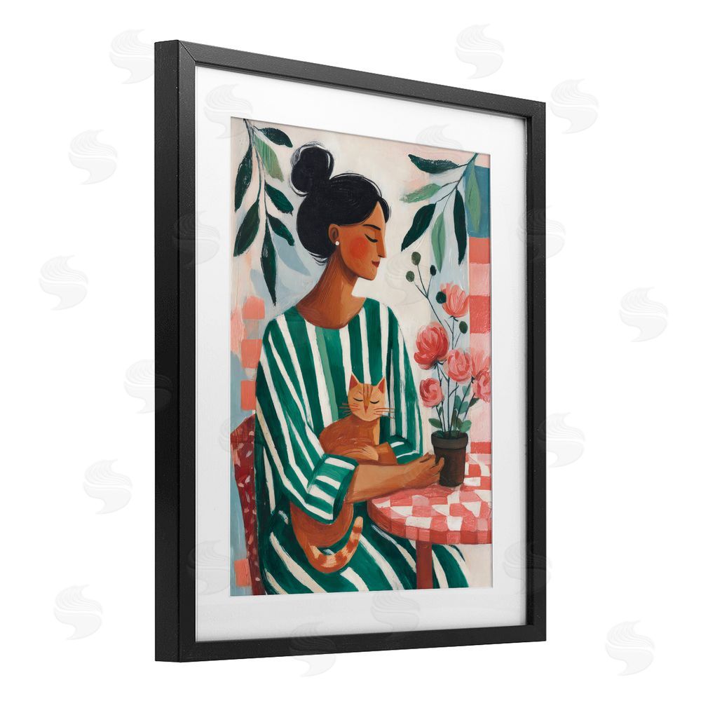 Sisi and Seb Cat Lady in Striped Dress Black Framed Print Under Glass with Matting Wall Art