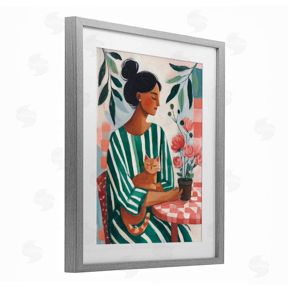 Sisi and Seb Cat Lady in Striped Dress Gray Framed Print Under Glass with Matting Wall Art