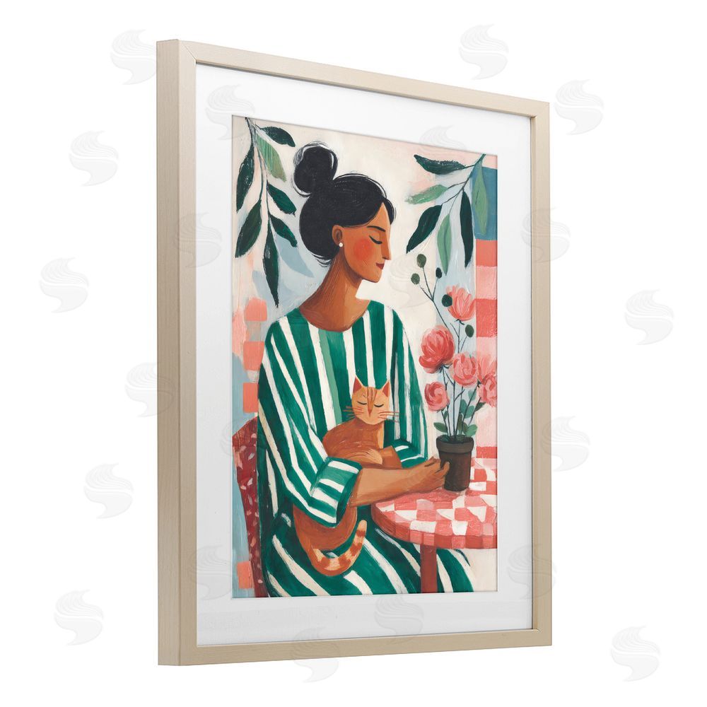 Sisi and Seb Cat Lady in Striped Dress Brown Framed Print Under Glass with Matting Wall Art