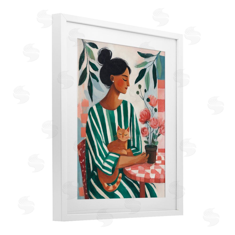 Sisi and Seb Cat Lady in Striped Dress White Framed Print Under Glass with Matting Wall Art