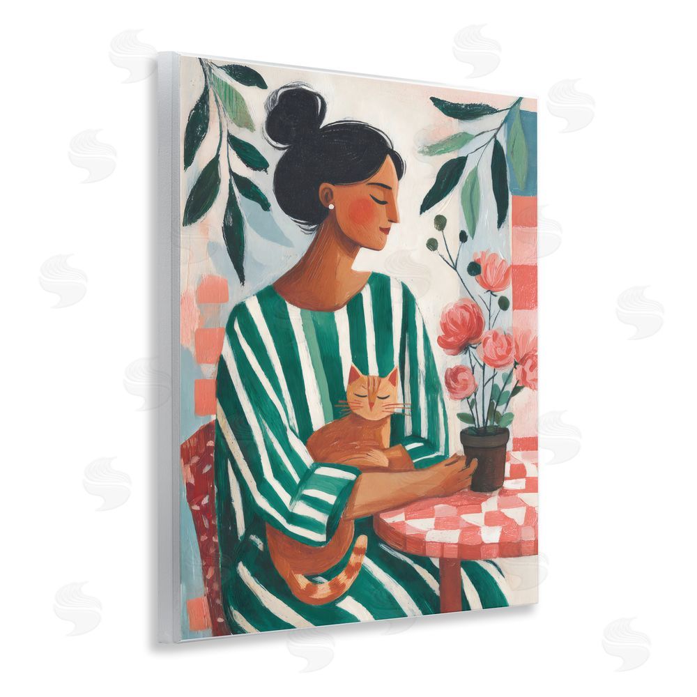 Sisi and Seb Cat Lady in Striped Dress Wall Plaque Art Print with White Foil Wrap