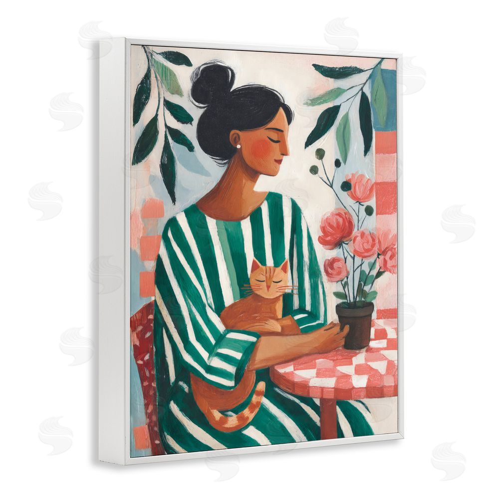Sisi and Seb Cat Lady in Striped Dress White Framed Giclee Wall Art Print