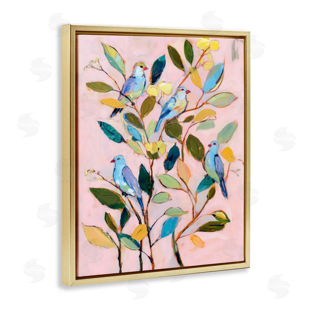 Sisi and Seb Birds Between Leaves Impression Gold Floating Frame Stretched Canvas Wall Art Print