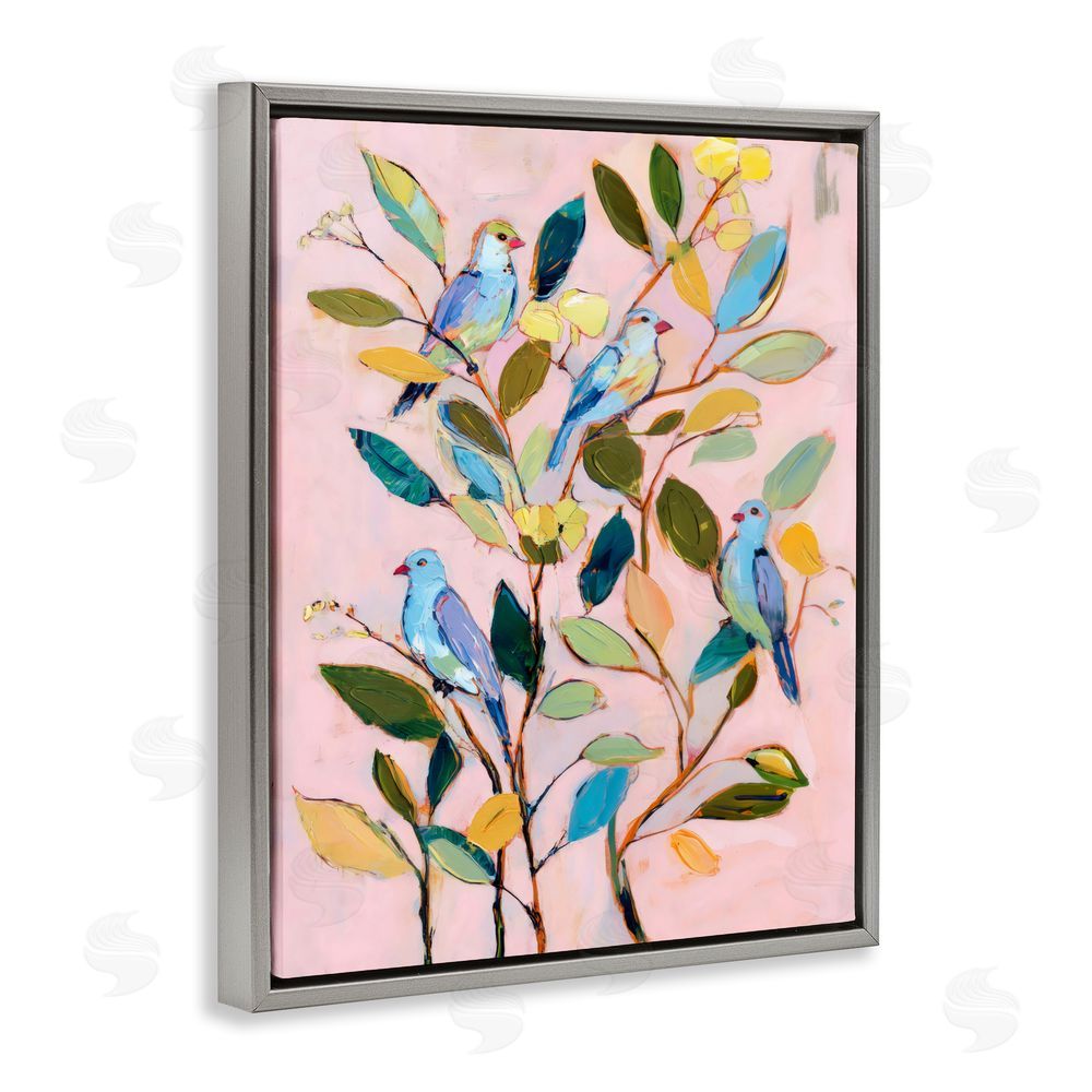 Sisi and Seb Birds Between Leaves Impression Gray Floating Frame Stretched Canvas Wall Art Print