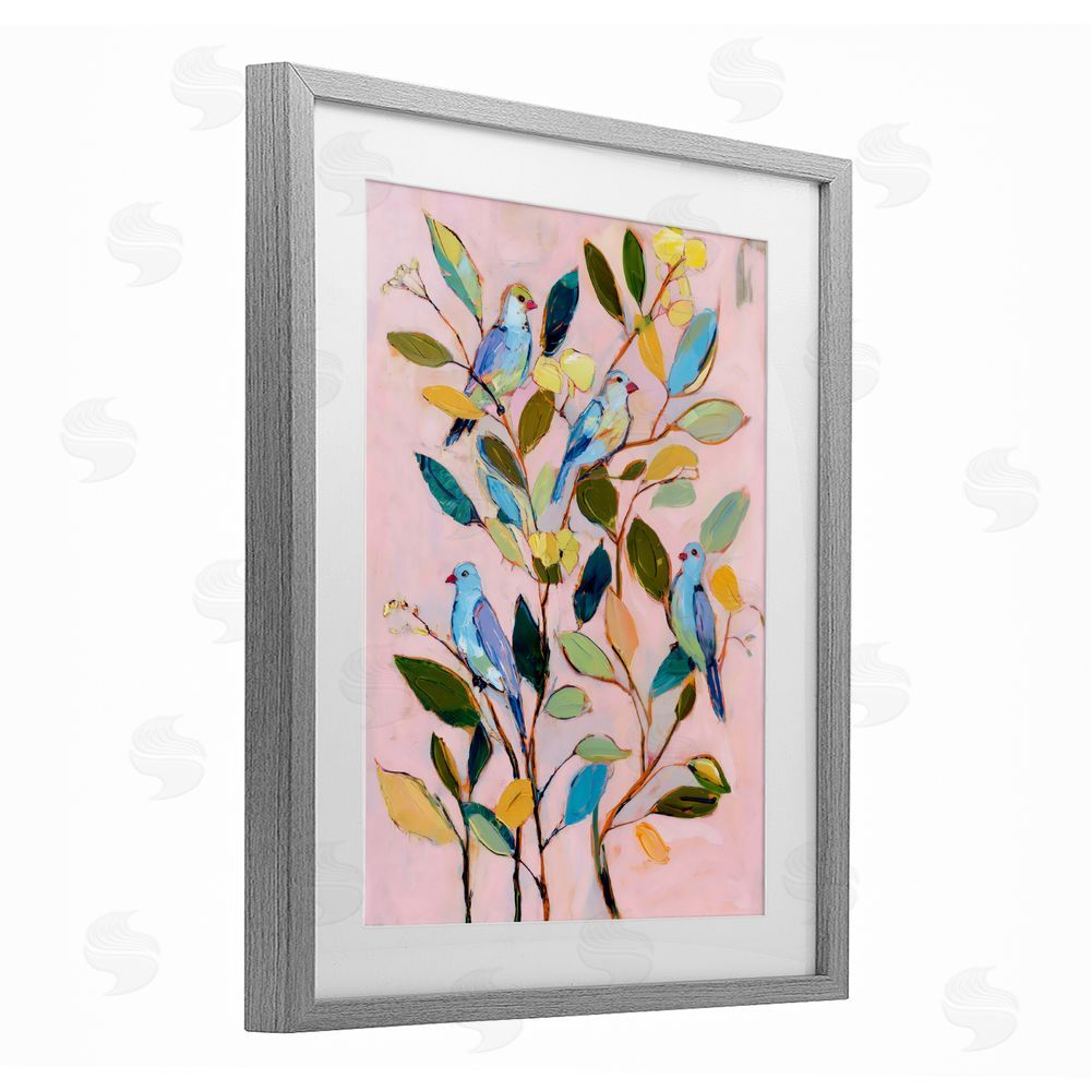 Sisi and Seb Birds Between Leaves Impression Gray Framed Print Under Glass with Matting Wall Art